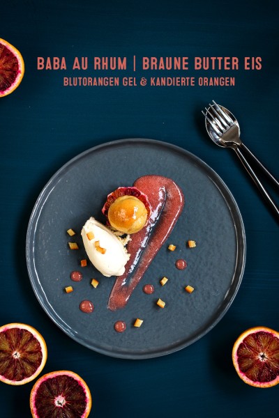 Baba au Rhum | braune Butter Eis | Blutorangen Gel | kandierte Orangen | seelenschmeichelei.de